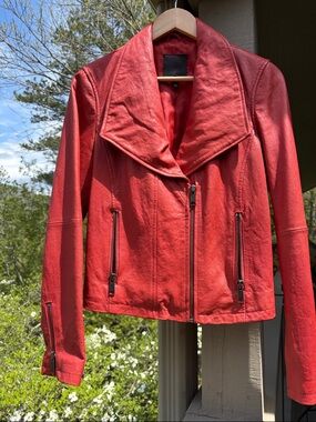 Joie Red Leather Moto Jacket with Asymmetrical Zip